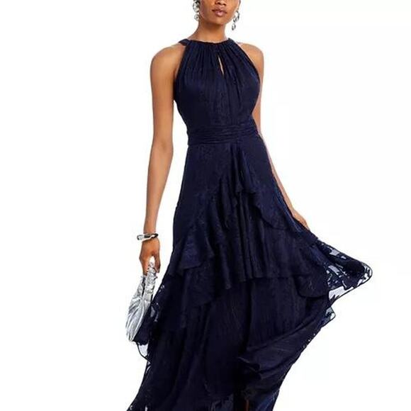 Aqua Chiffon Layered Ruffle Gown size 10 Formal navy midi dress - Picture 1 of 8